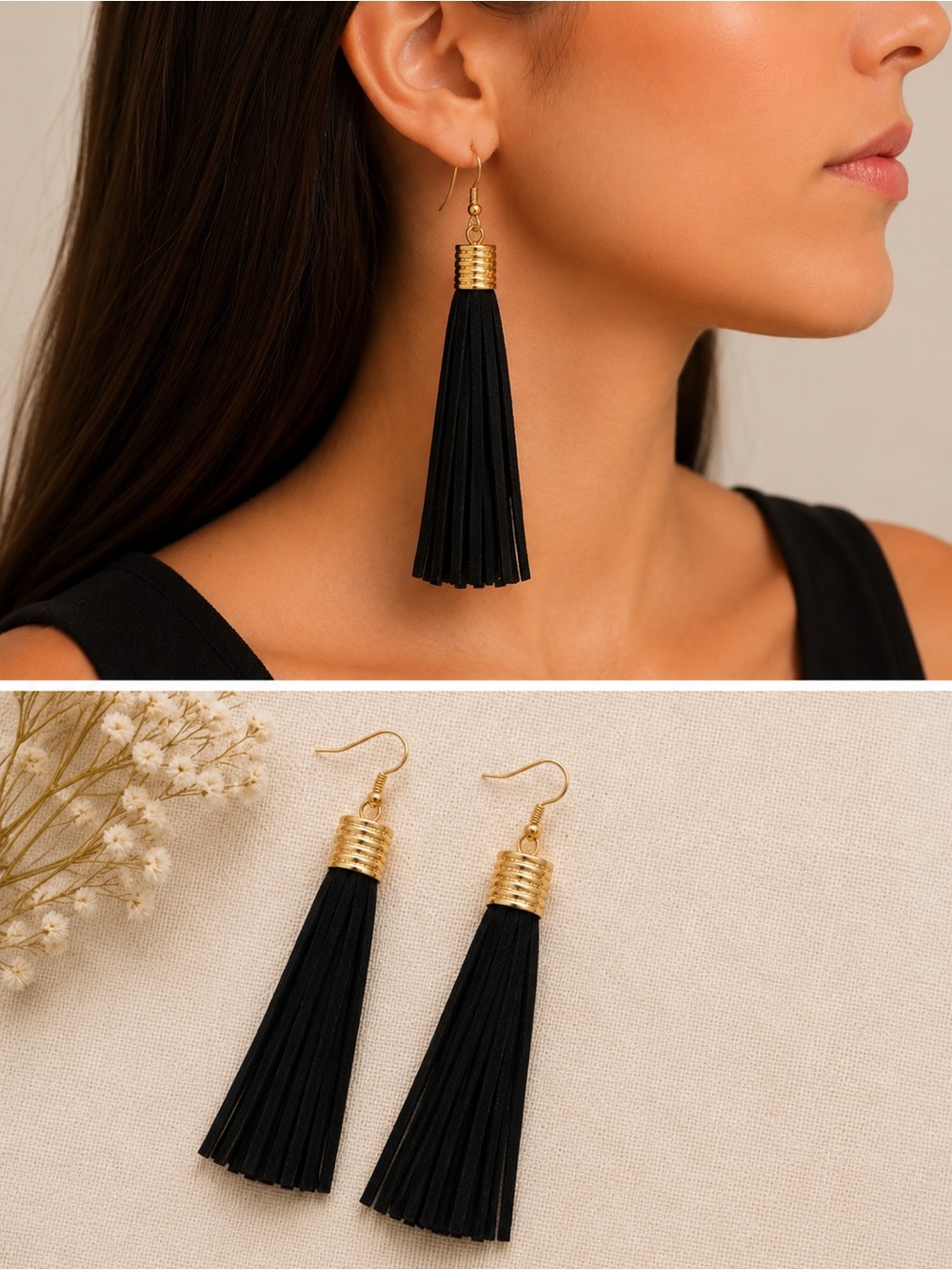 Black Tassel Statement Earrings Elegant Women’s Jewelry Gold Tone Boho Glam